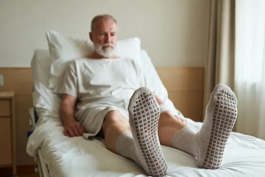 rehabilitation grip socks with silicone traction sole in hospital recovery setting