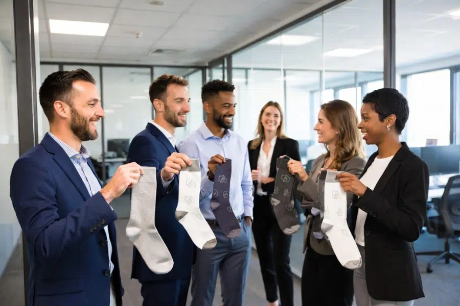 creative corporate anniversary gifts including customized socks for employees in modern office